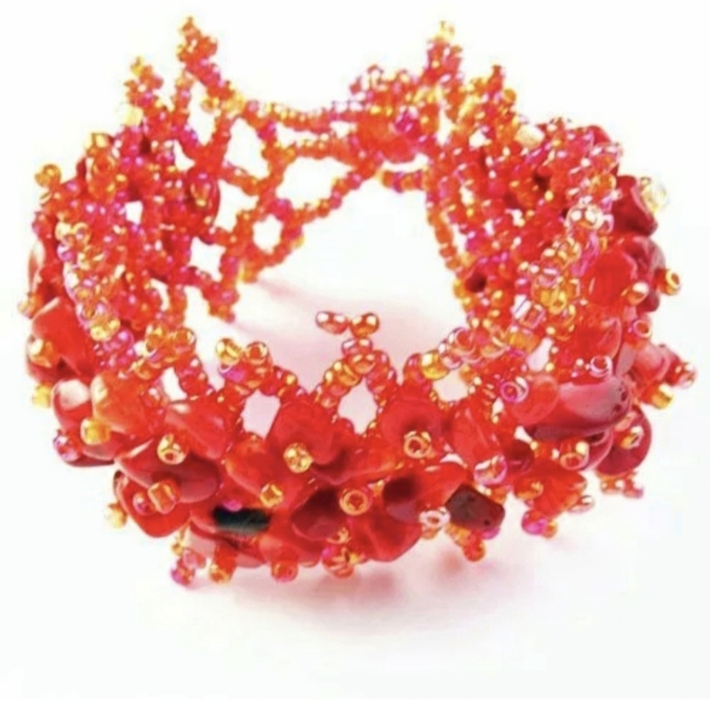 New Coral Fossil Chips and Beaded Stretch Bracelet